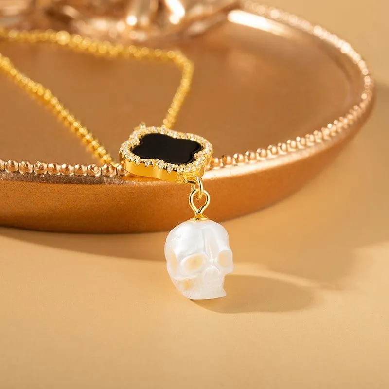 Four-Leaf Clover Pearl Skull Pendant Necklace sold by Belle Juri product image thumbnail 5