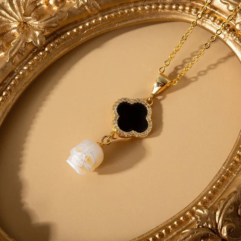 Four-Leaf Clover Pearl Skull Pendant Necklace sold by Belle Juri product image thumbnail 2
