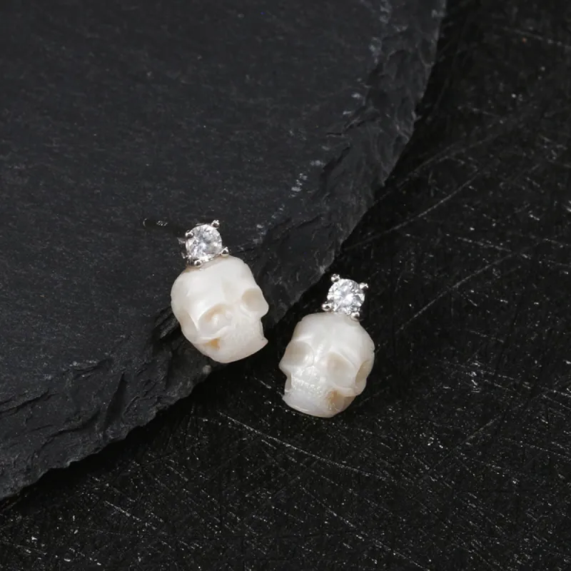 Art Deco Round Cubic Zirconia Pearl Skull CZ Stud Earrings sold by Belle Juri