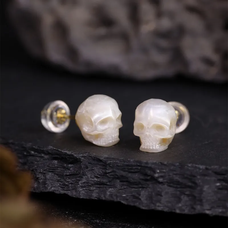 Gothic Mystery Minimalist Pearl Skull Stud Earrings sold by Belle Juri