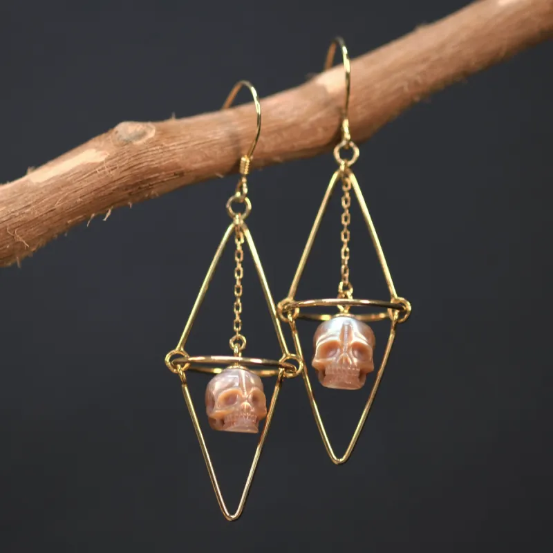 Geometric Pearl Skull Cage Dangle Earrings sold by Belle Juri