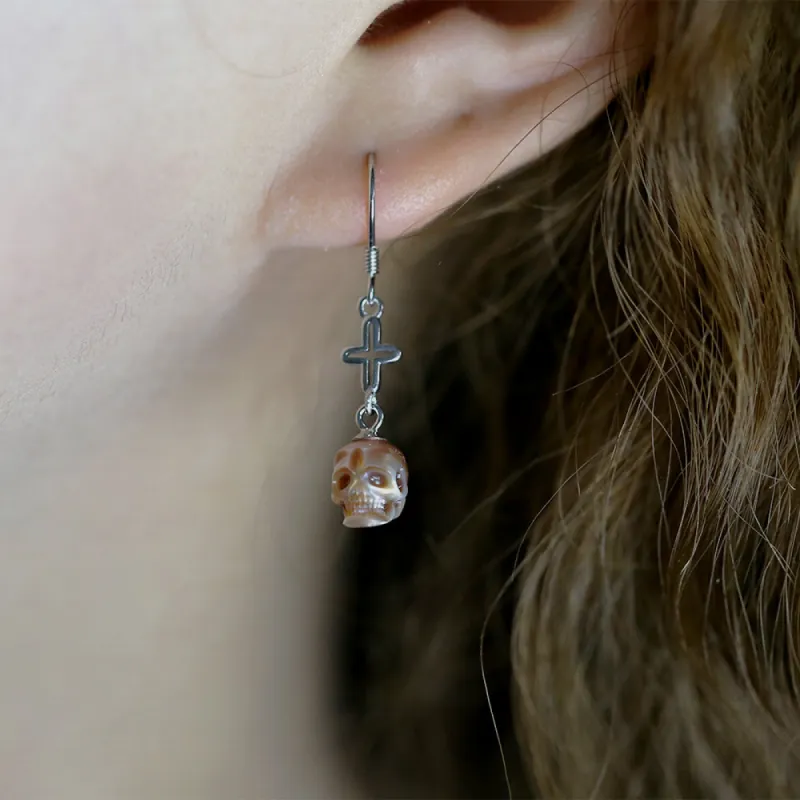Art Deco Pearl Skull Cross Dangle Earrings sold by Belle Juri