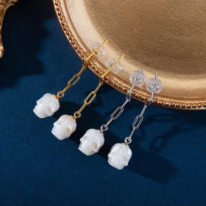 Minimal Pearl Skull Chain Dangle Earrings sold by Belle Juri
