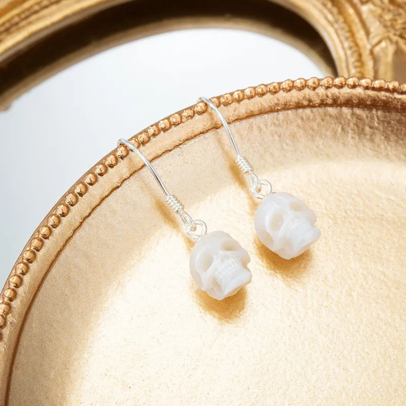 Minimalist Skull Pearl Dangle Drop Earrings sold by Belle Juri