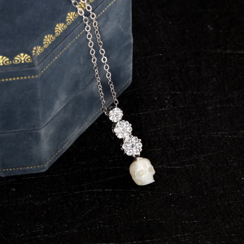 Dainty Floral CZ Cluster Pearl Skull Necklace sold by Belle Juri