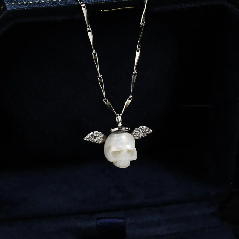 Angel Halo Wings Pearl Skull CZ Necklace sold by Belle Juri
