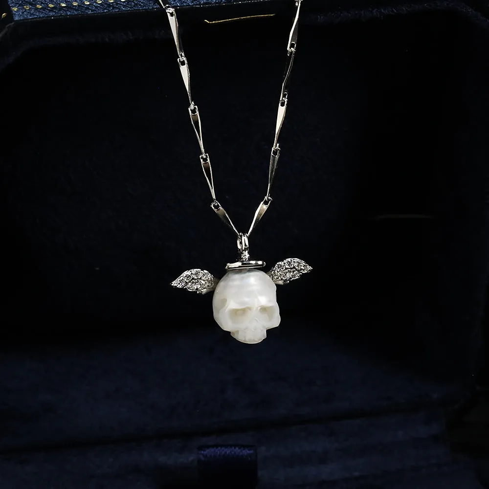 Angel Halo Wings Pearl Skull CZ Necklace sold by Belle Juri