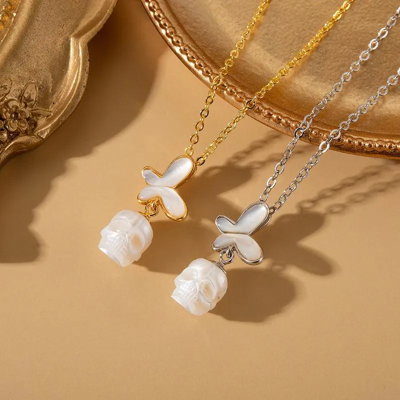 Romantic White Shell Butterfly Pearl Skull Necklace sold by Belle Juri