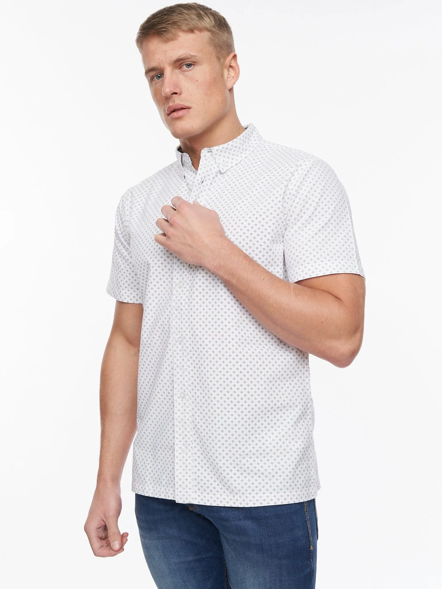 Haltom Short Sleeve Shirt White/Navy Print sold by Bewley and Ritch