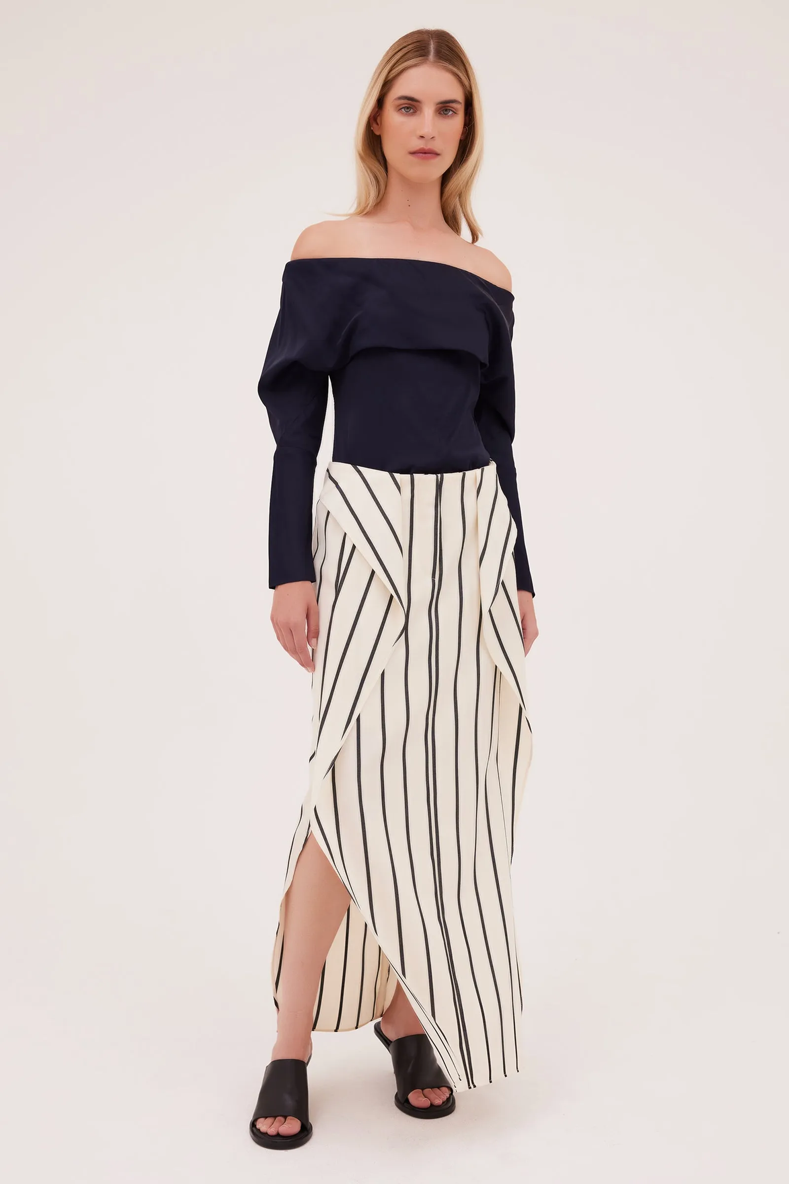 ECRU STRIPE TWILL IMPINGE SKIRT sold by Bianca Spender