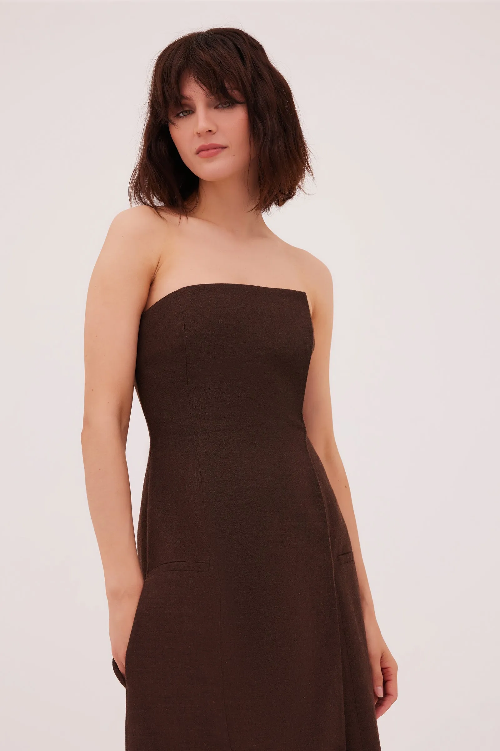 CHOCOLATE LINEN SUITING RUNWAY DRESS sold by Bianca Spender product image thumbnail 3