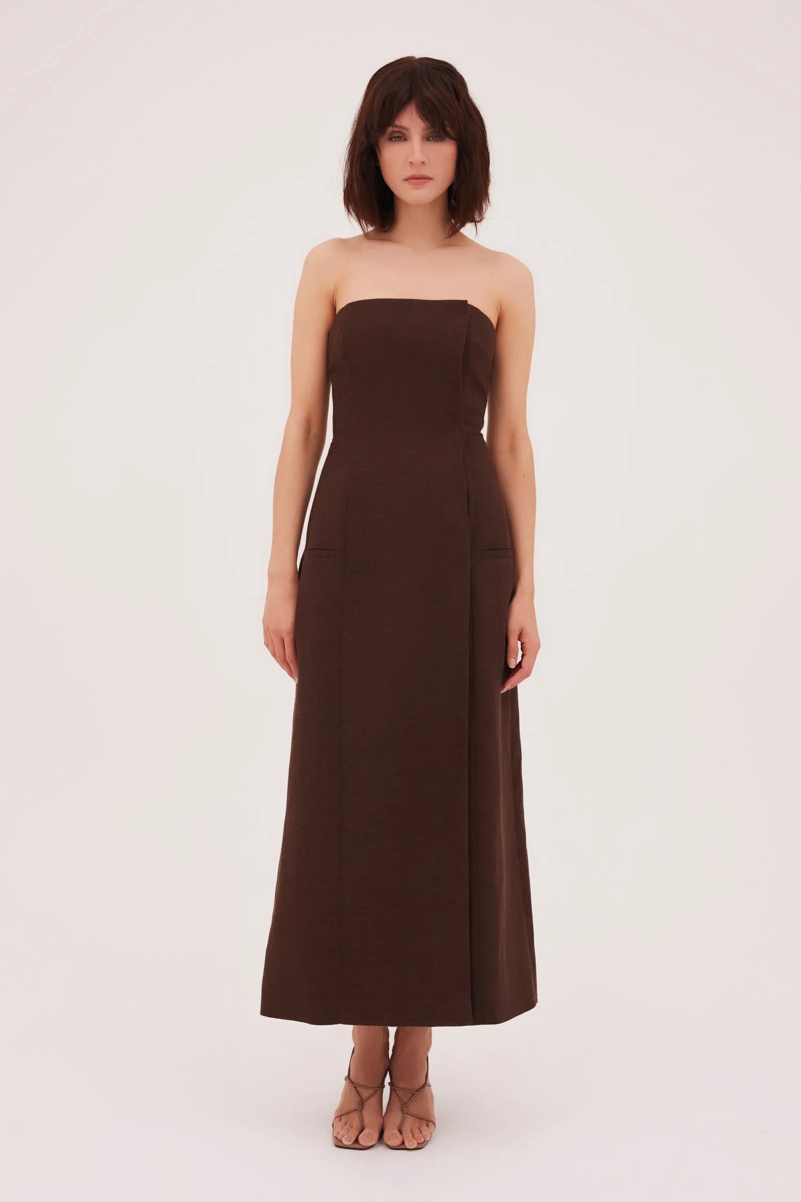 CHOCOLATE LINEN SUITING RUNWAY DRESS sold by Bianca Spender