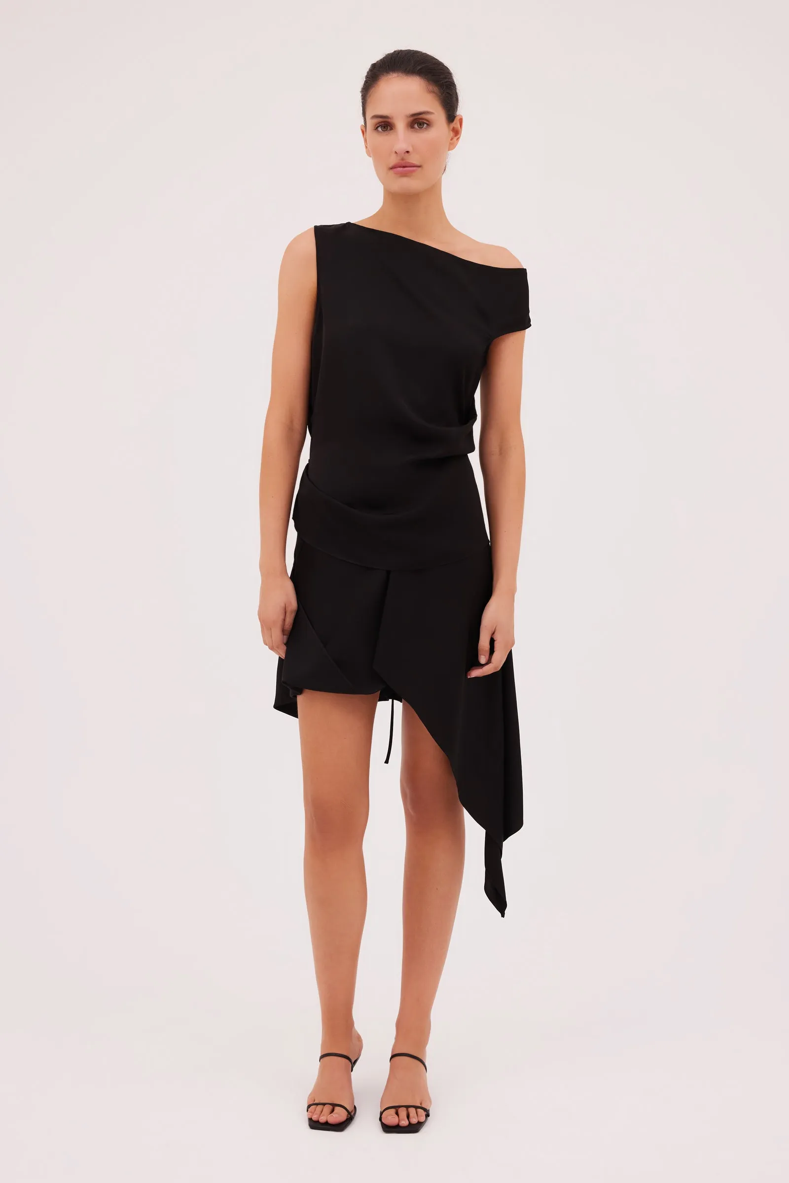 BLACK SATIN CREPE SPIRITED MINI SKIRT sold by Bianca Spender