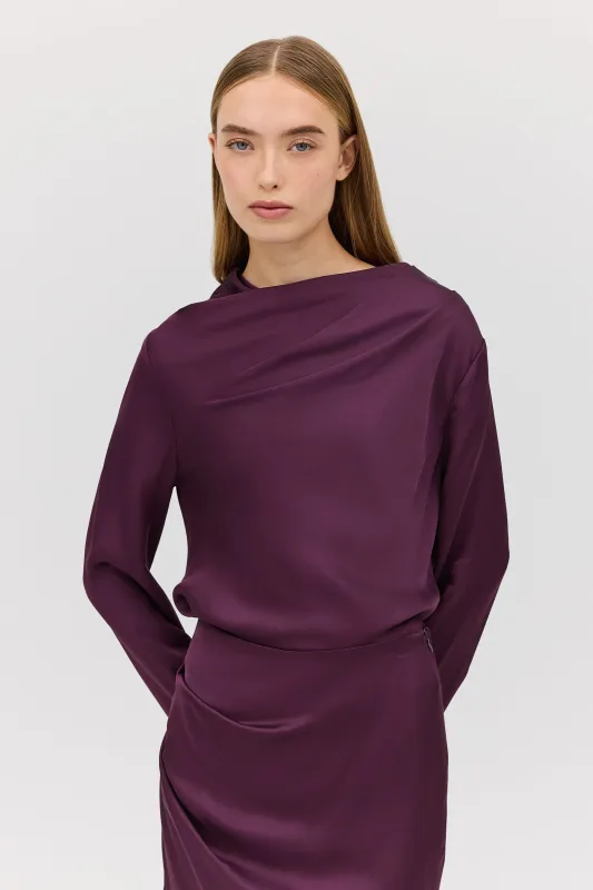 AUBERGINE SATIN CEZANNE LONG SLEEVE TOP sold by Bianca Spender