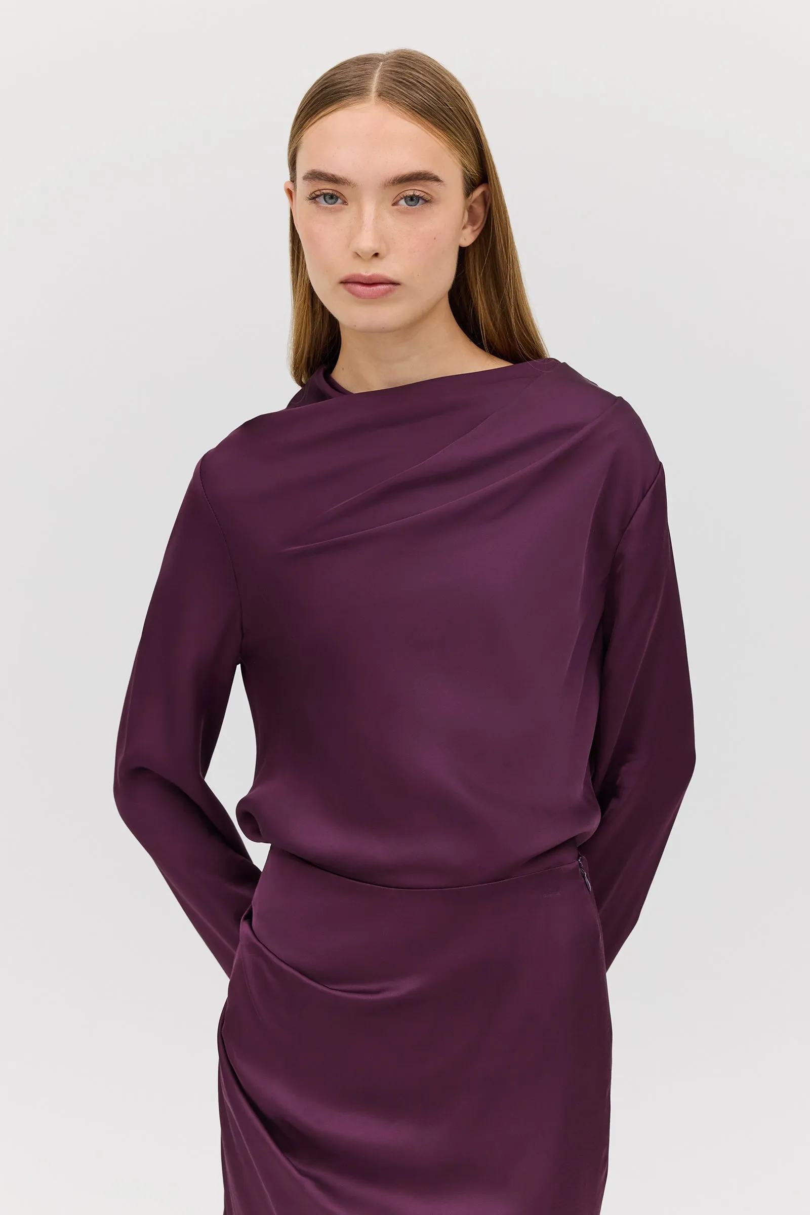 AUBERGINE SATIN CEZANNE LONG SLEEVE TOP sold by Bianca Spender