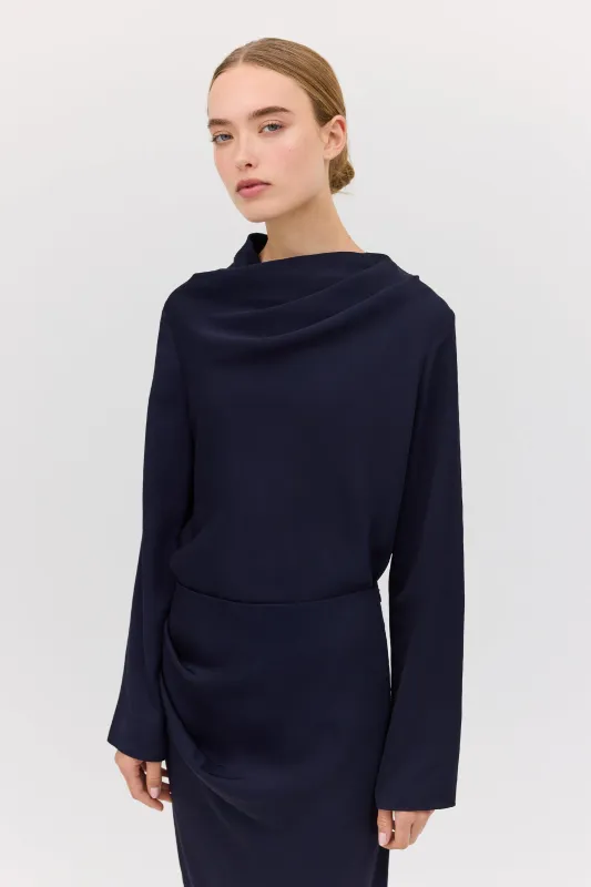 NAVY SATIN CREPE CEZANNE LONG SLEEVE TOP sold by Bianca Spender