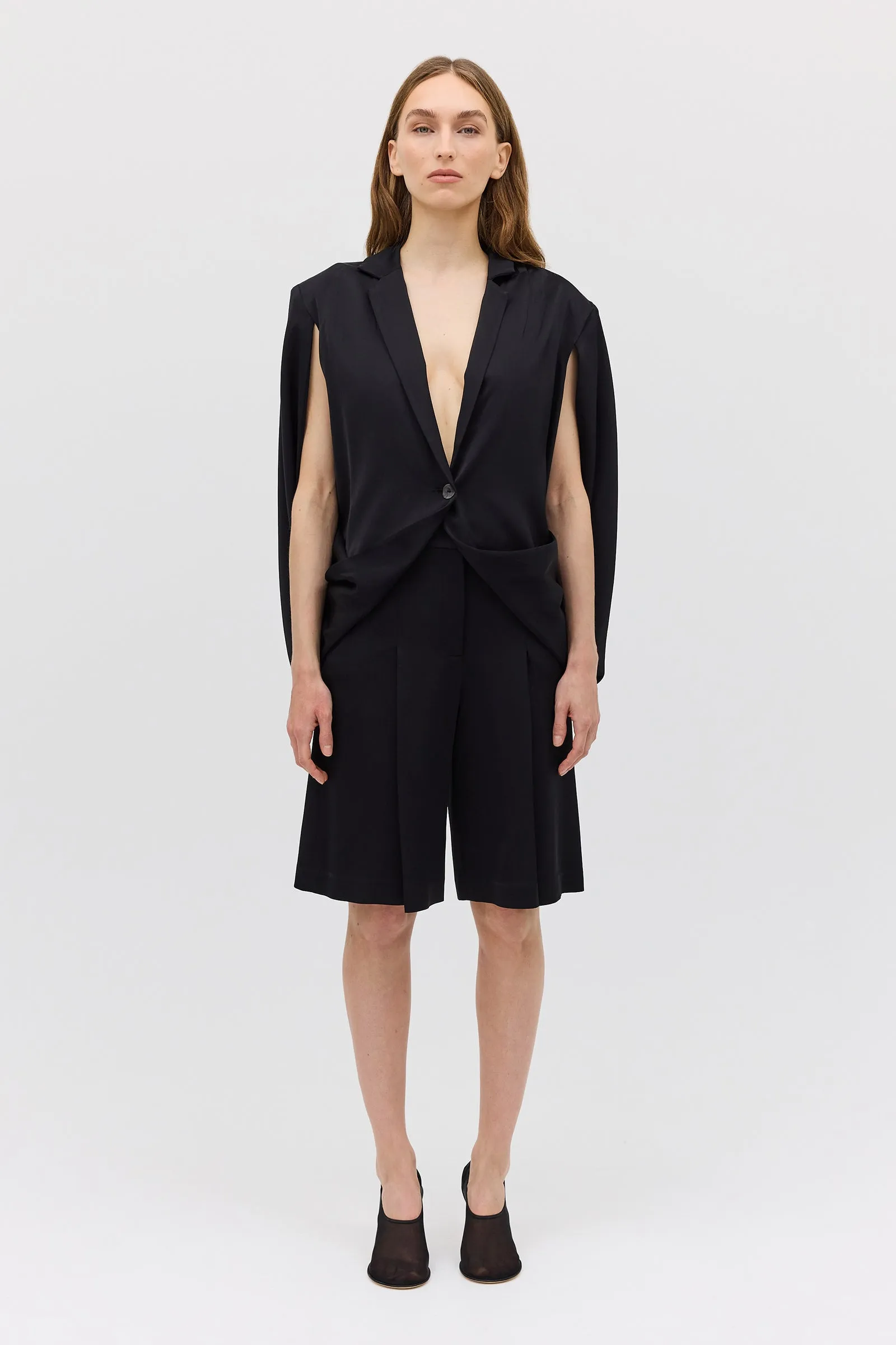 BLACK SATIN SUITING CURRENT CAPE JACKET sold by Bianca Spender