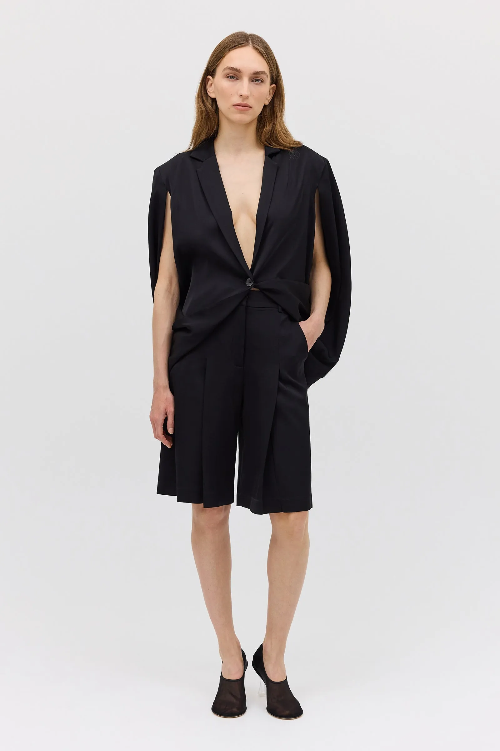 BLACK SATIN SUITING CURRENT CAPE JACKET sold by Bianca Spender product image thumbnail 3