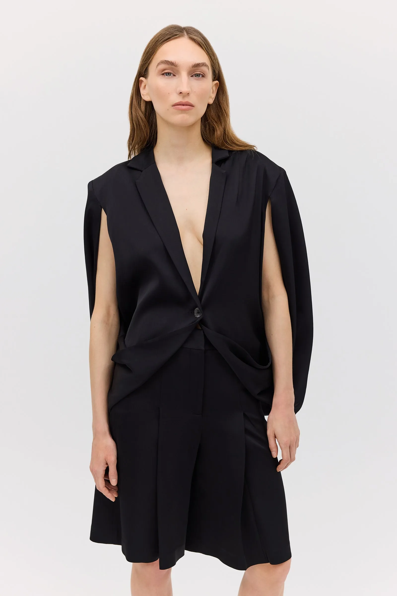 BLACK SATIN SUITING CURRENT CAPE JACKET sold by Bianca Spender product image thumbnail 2