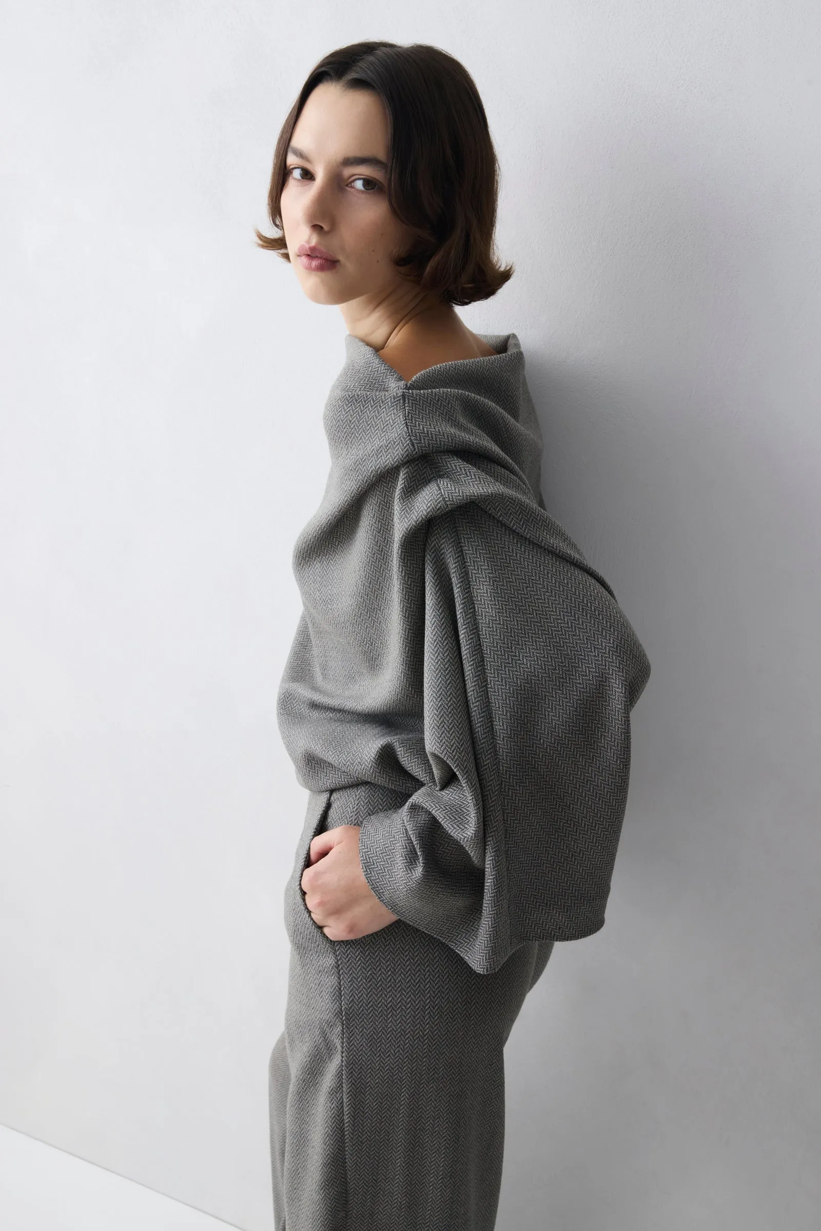 GREY HERRINGBONE WOOL SIGNAL TOP sold by Bianca Spender