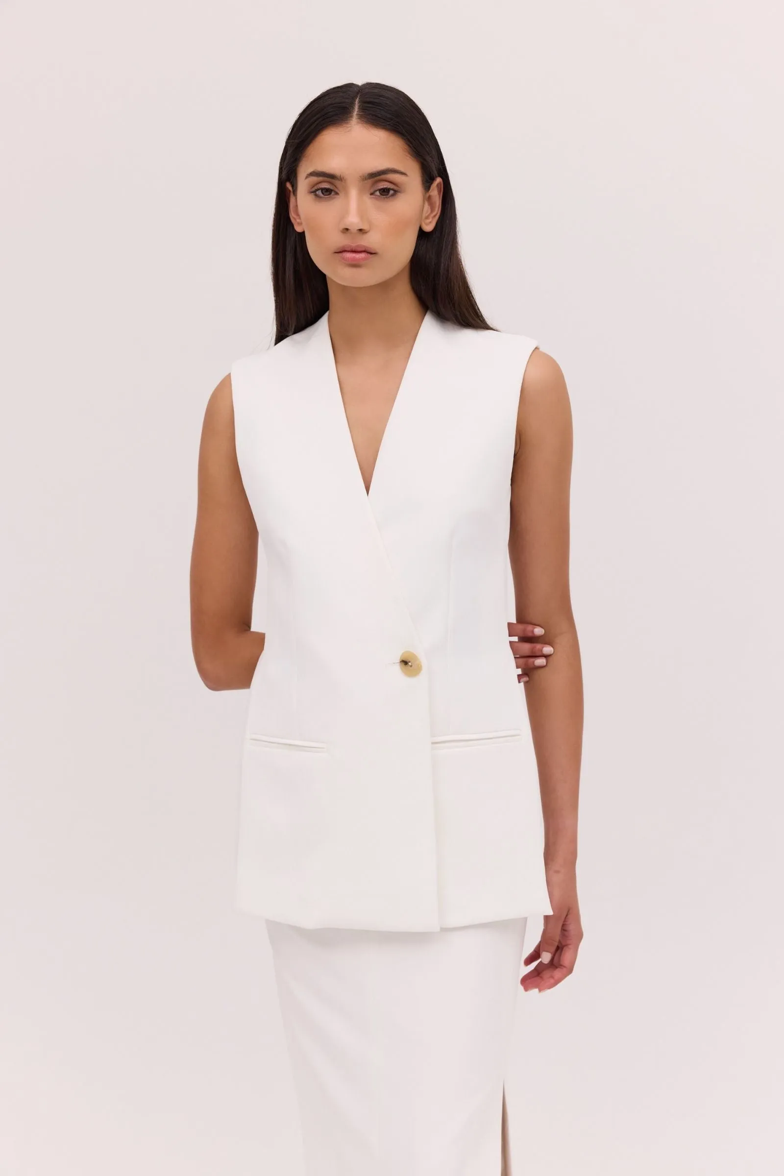 WHITE TEXTURED SUITING ELLIPSIS VEST sold by Bianca Spender