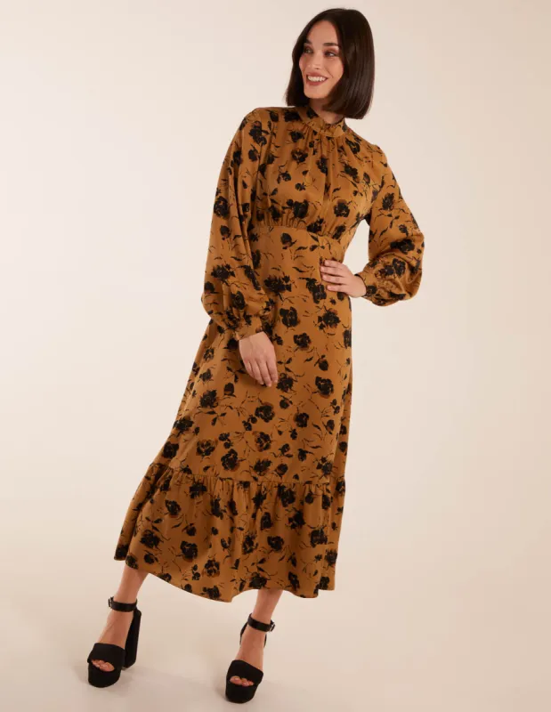 High Neck Midi Dress With Tiered Skirt and Puff Long Sleeve sold by Blue Vanilla