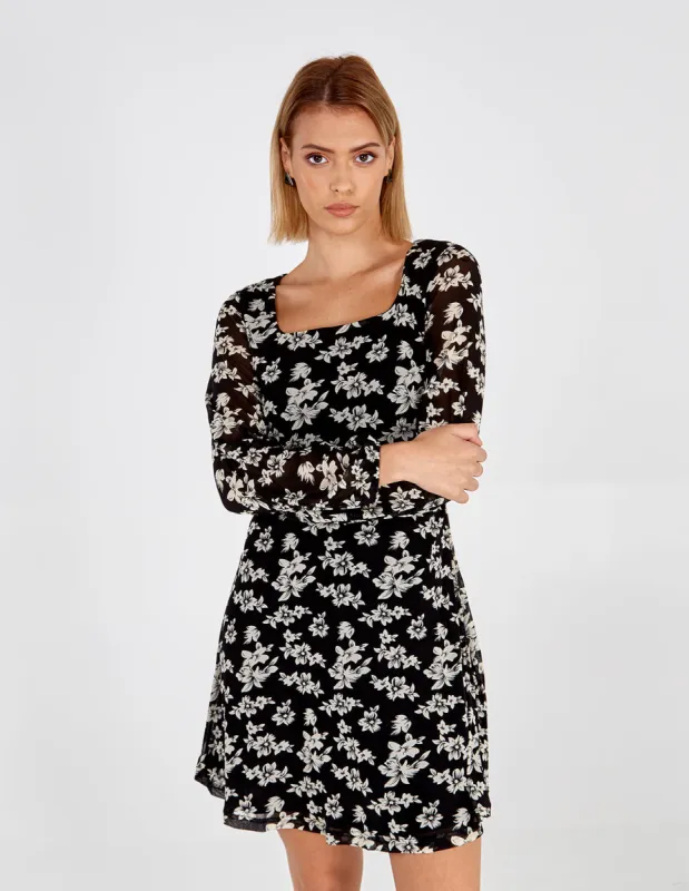 Square Neck Floral Long Sleeve Dress sold by Blue Vanilla
