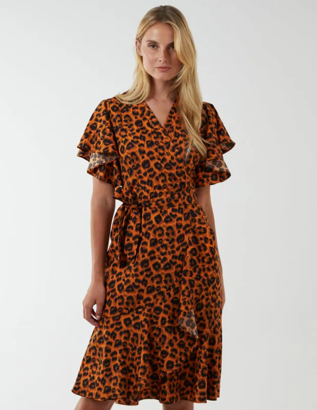 Leopard Print Wrap Ruffle Midi Dress sold by Blue Vanilla