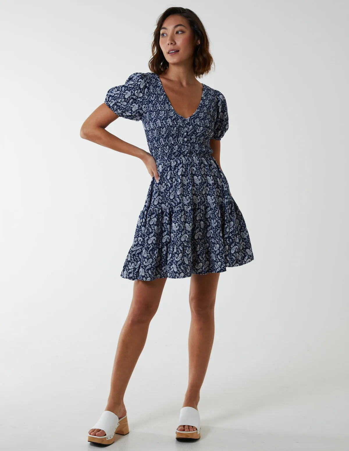 Shirred Bust Mini Dress With Puff Sleeve sold by Blue Vanilla