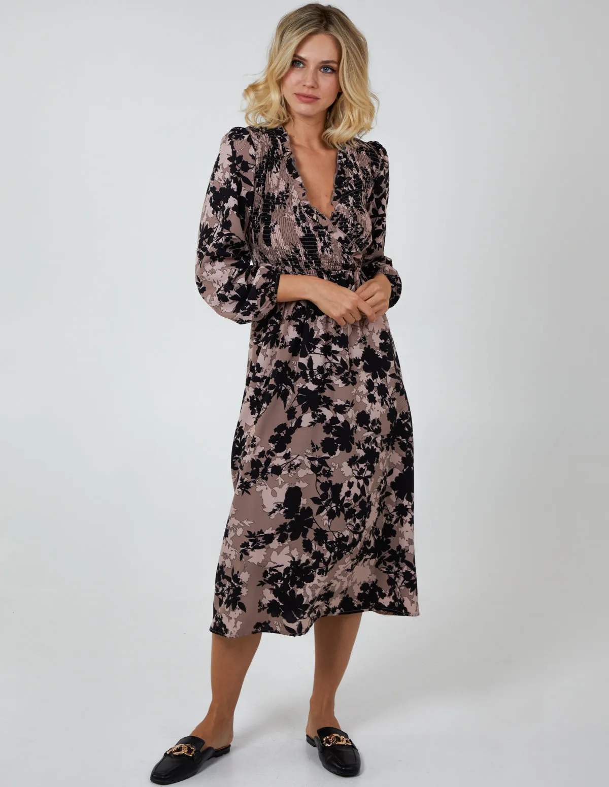 Shirred Bust Wrap Midi Dress sold by Blue Vanilla product image thumbnail 4