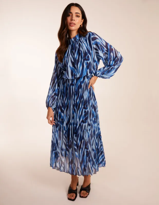 High Neck Puff Ball Pleated Water Colour Dress sold by Blue Vanilla