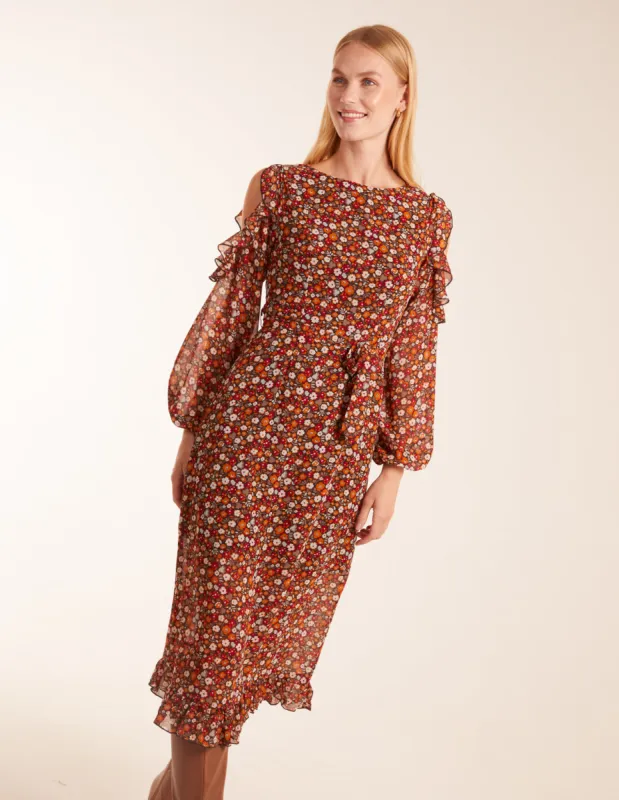 Cold Shoulder Frill Midi Dress sold by Blue Vanilla