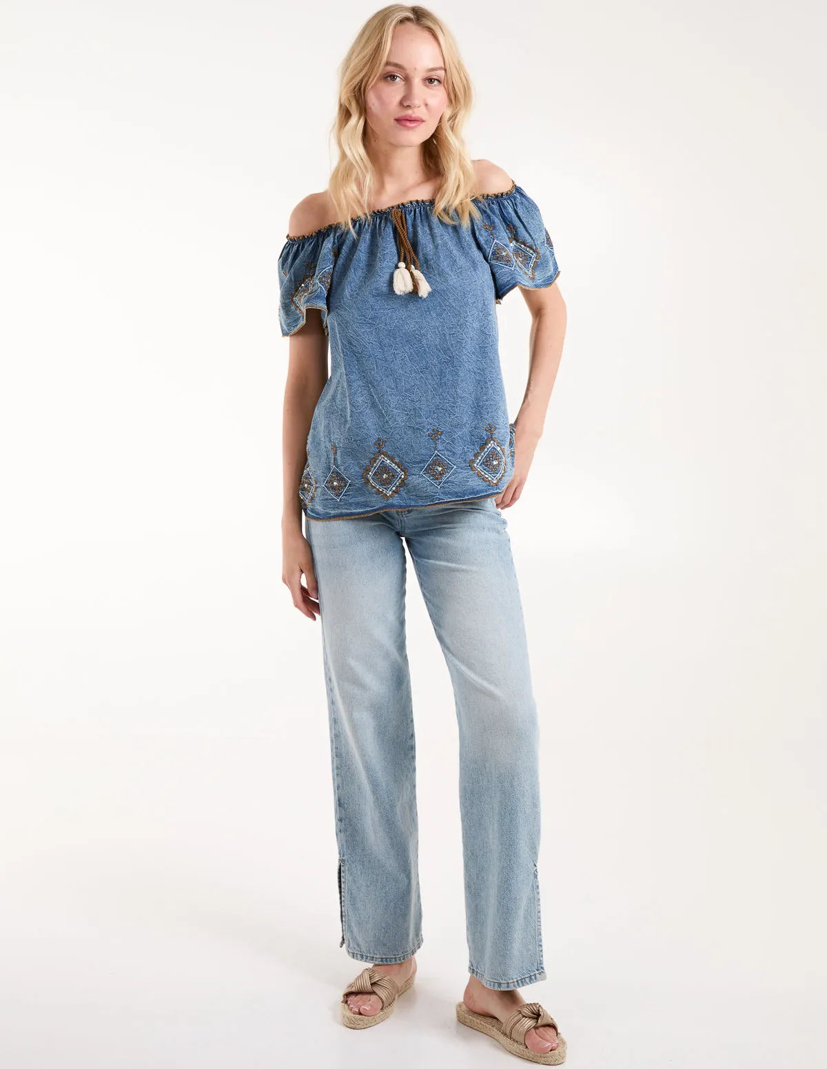 Denim Embroidered Bardot Top sold by Blue Vanilla product image thumbnail 4