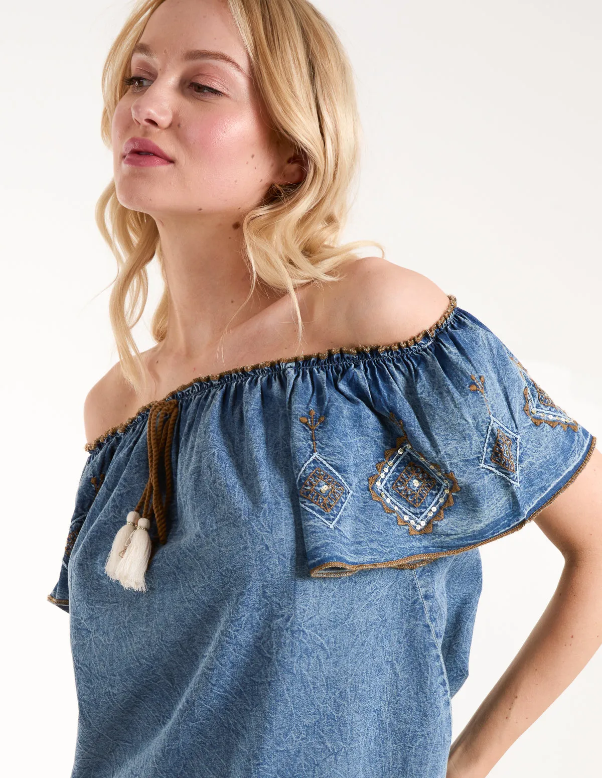 Denim Embroidered Bardot Top sold by Blue Vanilla product image thumbnail 3