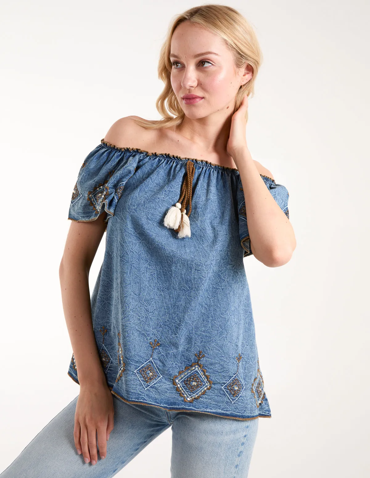 Denim Embroidered Bardot Top sold by Blue Vanilla