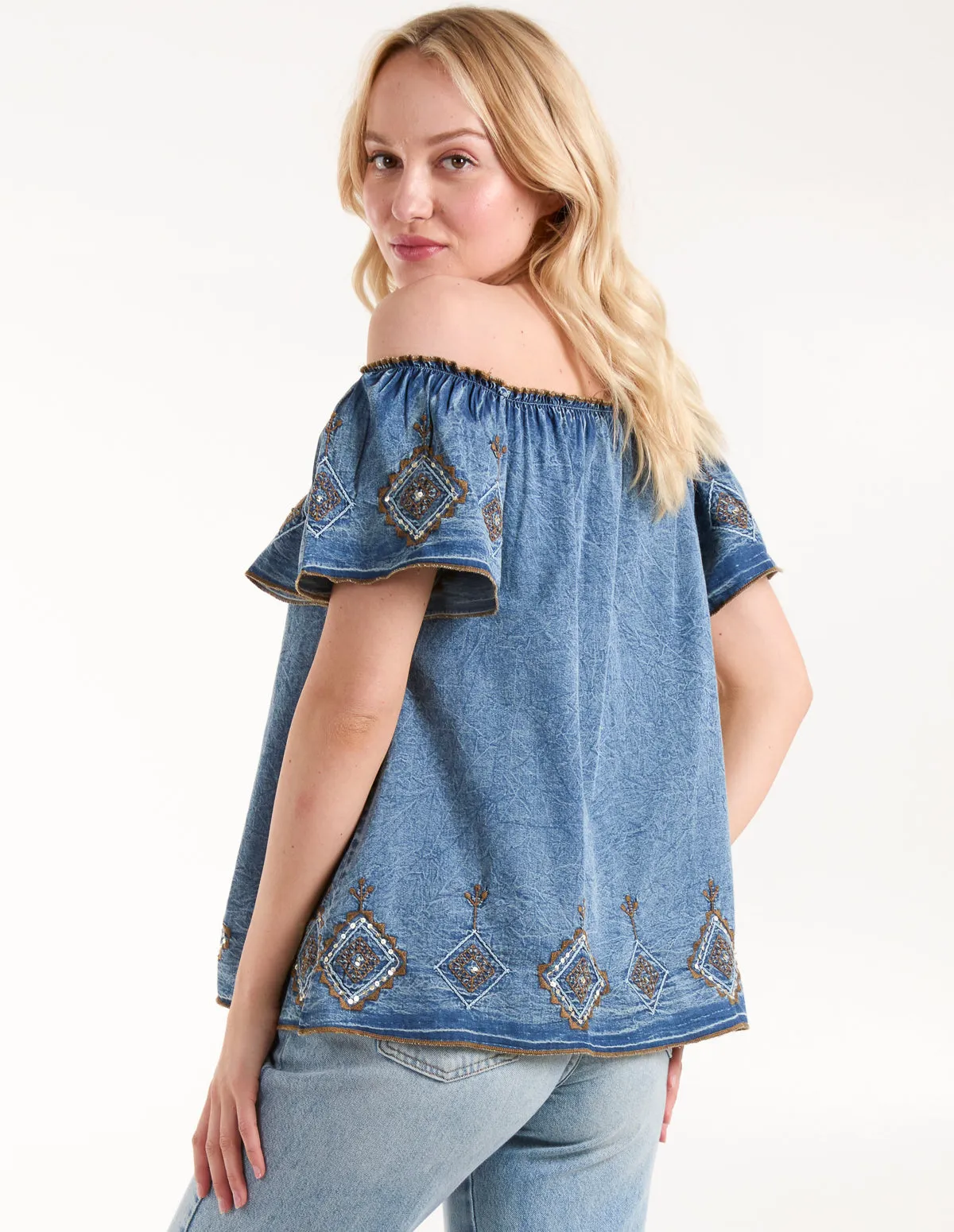 Denim Embroidered Bardot Top sold by Blue Vanilla product image thumbnail 5