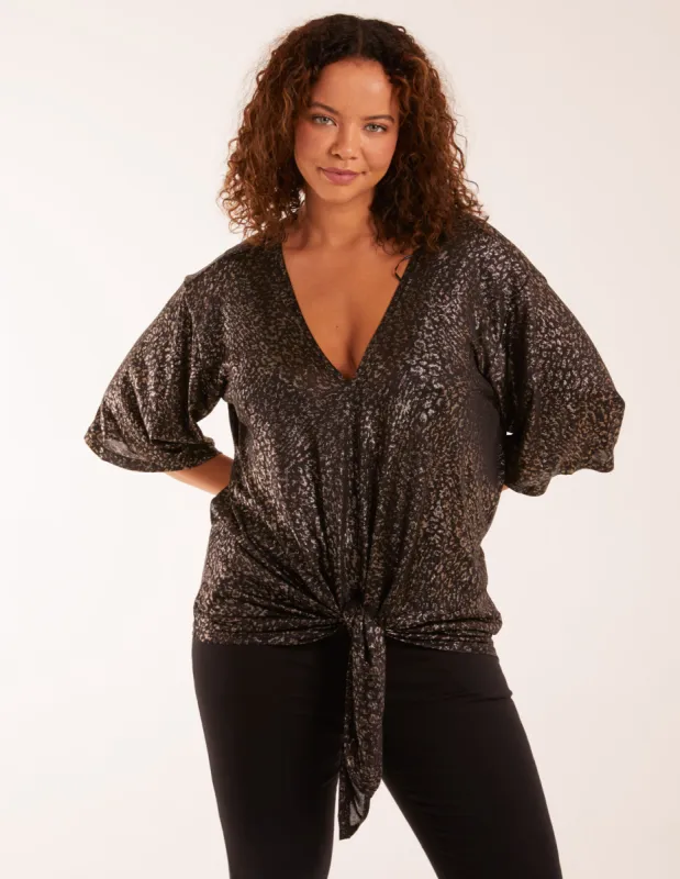 Leopard V Neck Tie Front Top sold by Blue Vanilla