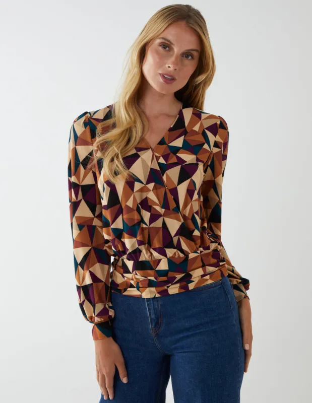 Geometric Print Wrap Front Top sold by Blue Vanilla