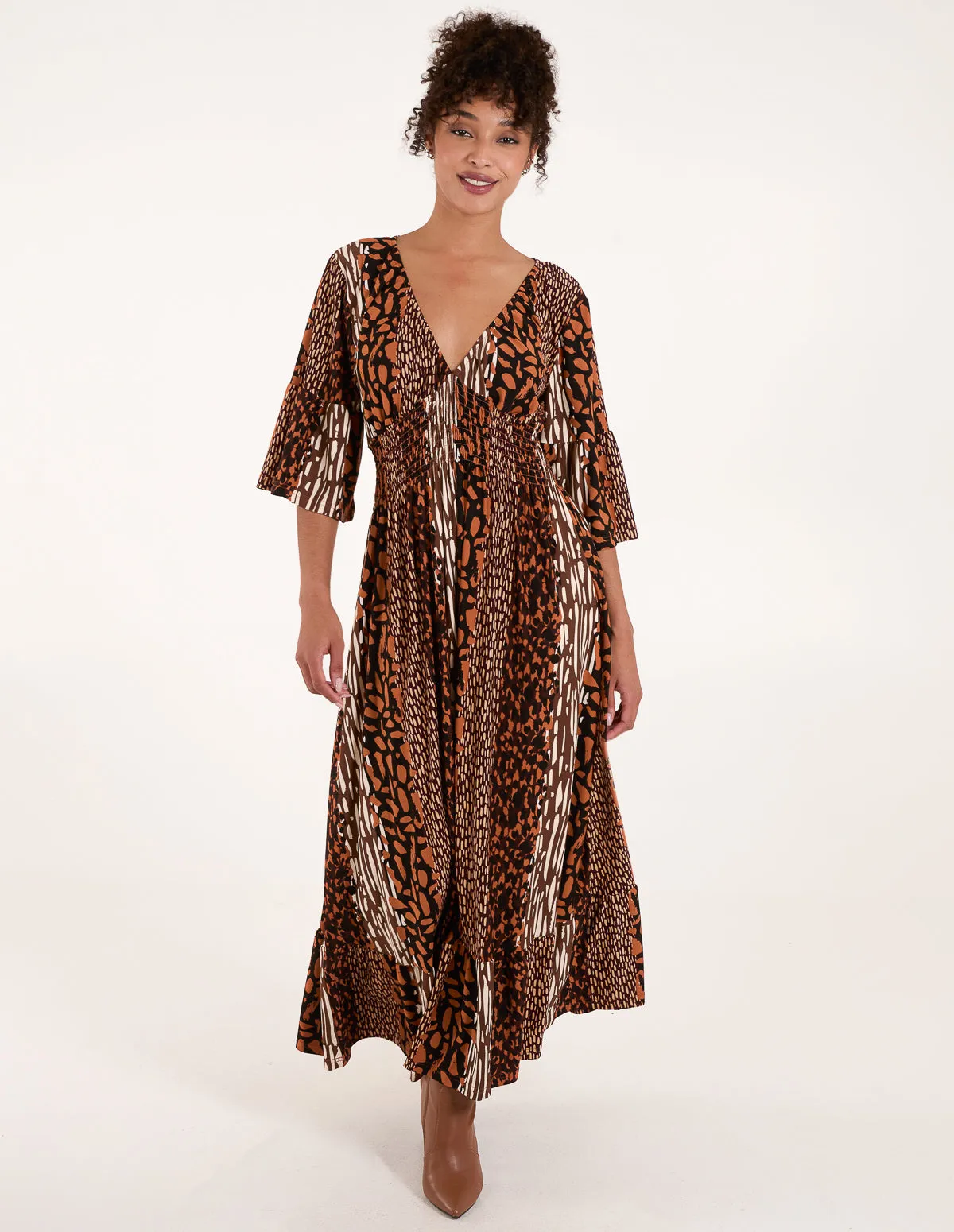 Patchwork Animal Shirred Waist Maxi Dress sold by Blue Vanilla