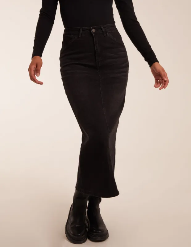 Mid Rise Denim Midi Skirt sold by Blue Vanilla