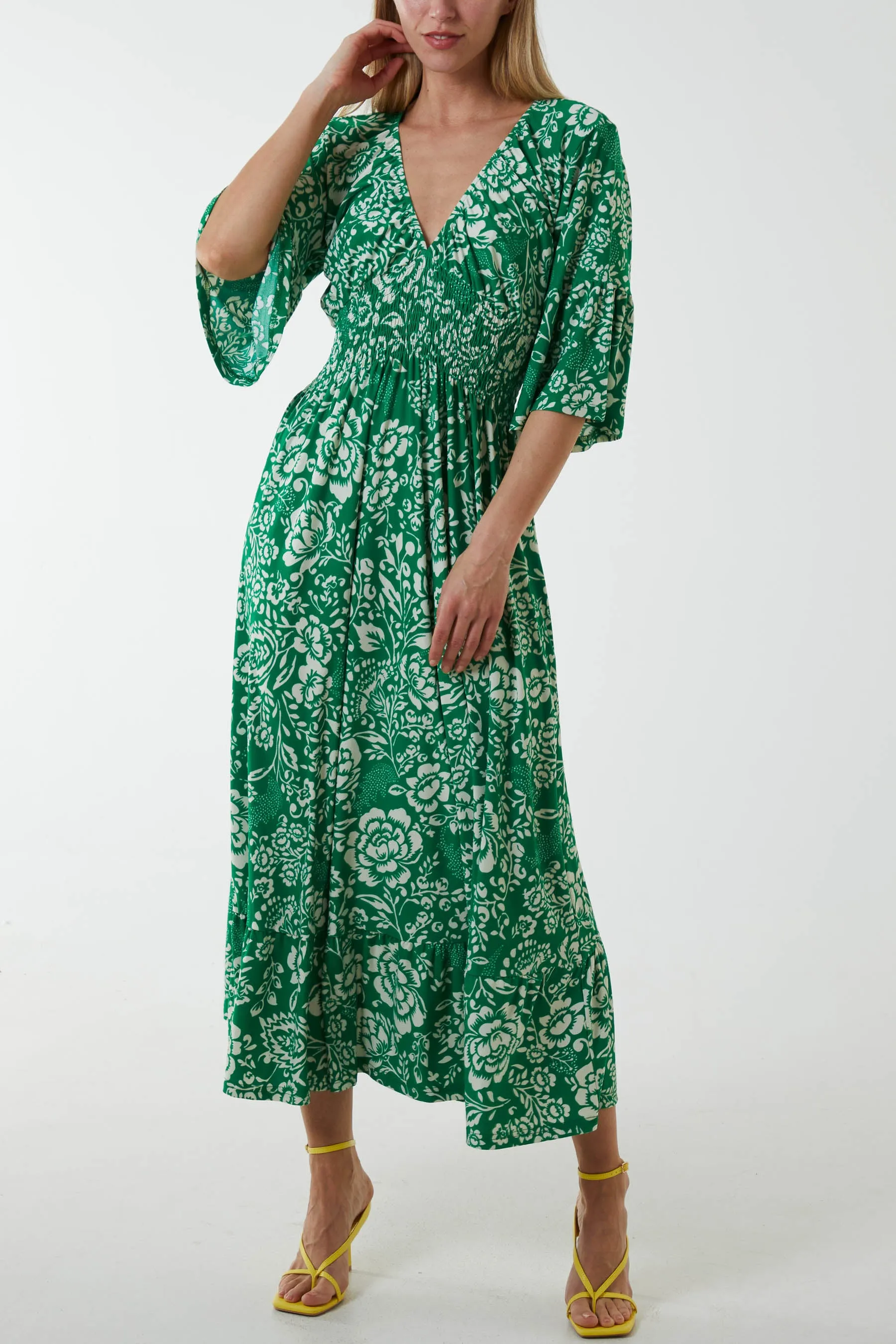 Elasticated Neck Shirred Waist Midi Dress sold by Blue Vanilla