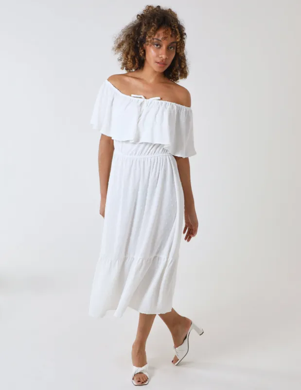 Ruffle Bardot Midi Dress sold by Blue Vanilla