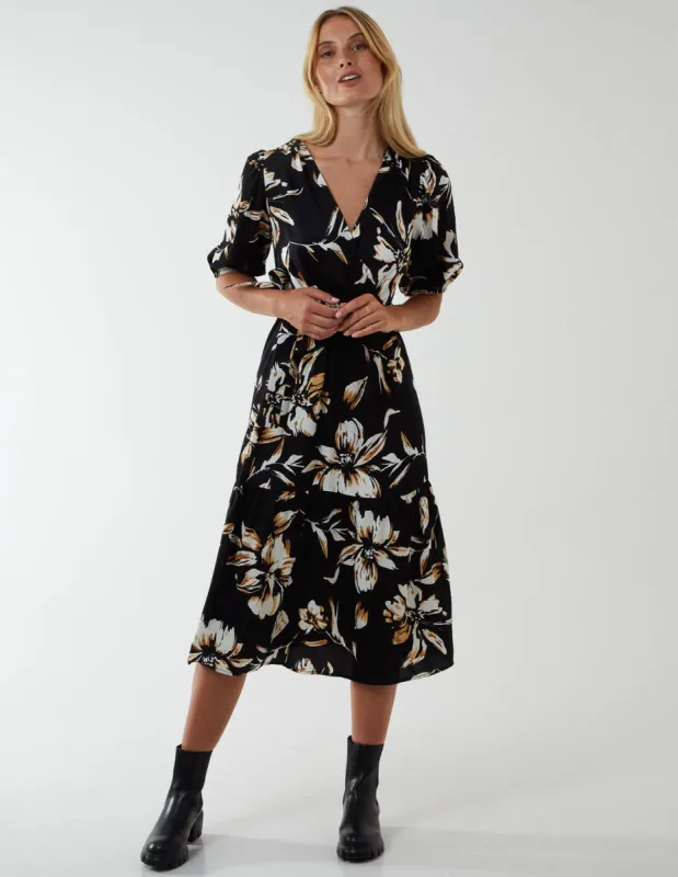 Wrap Front Tier Hem Midi Dress sold by Blue Vanilla
