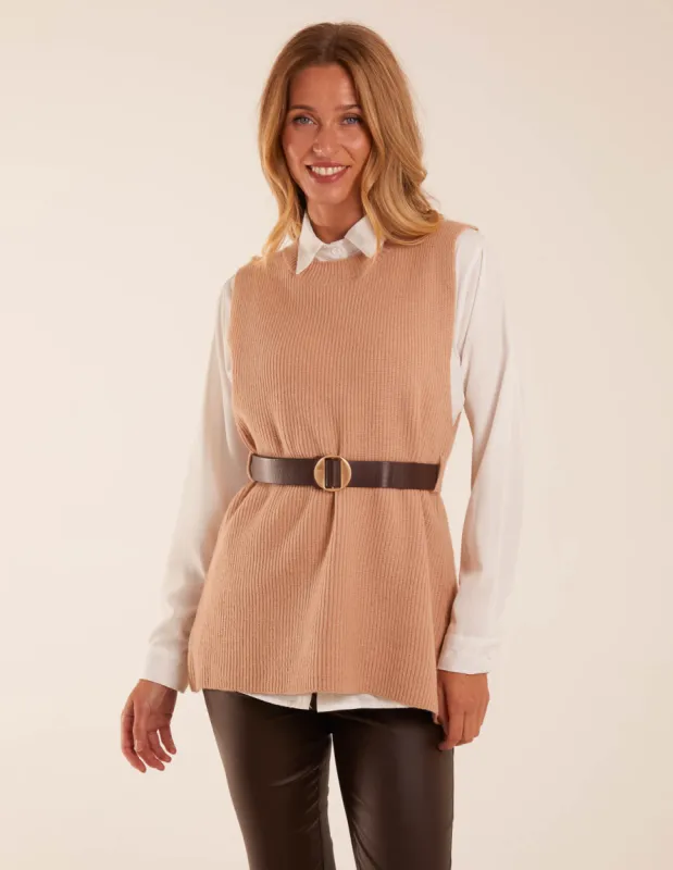 Rib Knit Vest With Blouse With Belt made by Blue Vanilla