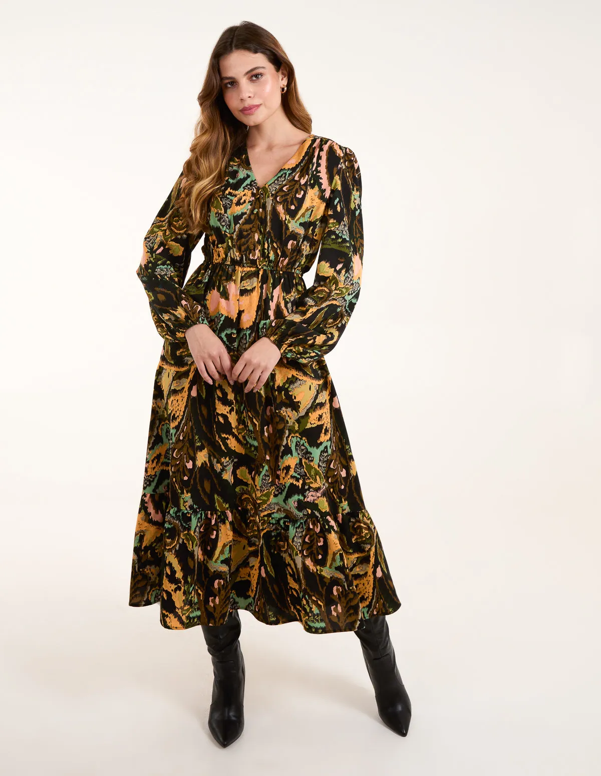 Button Front Frill Hem Abstract Dress sold by Blue Vanilla