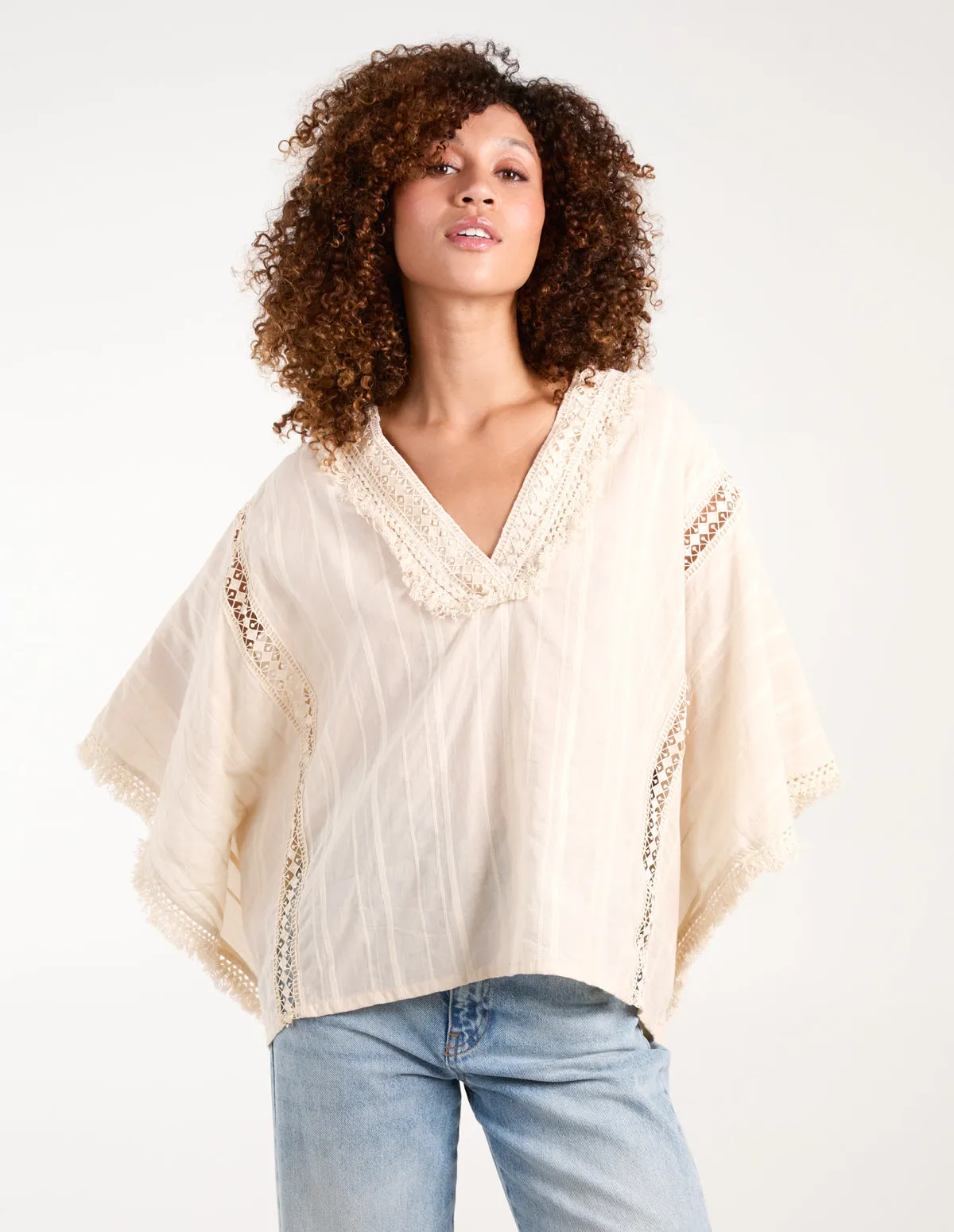 V Front Crochet Fringe Kimono Top sold by Blue Vanilla