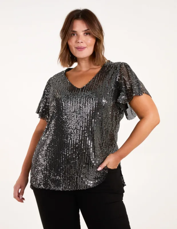 Curve Angel Sleeve V-Neck Sequin Top sold by Blue Vanilla