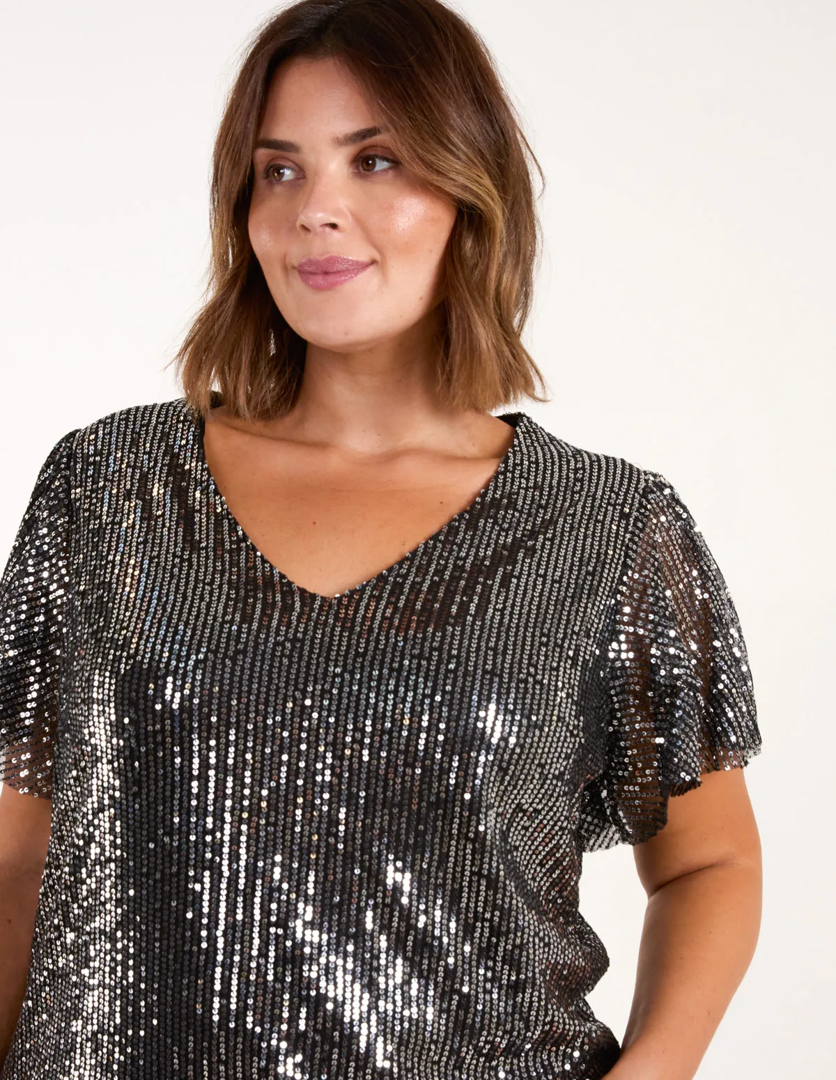 Curve Angel Sleeve V-Neck Sequin Top sold by Blue Vanilla product image thumbnail 2