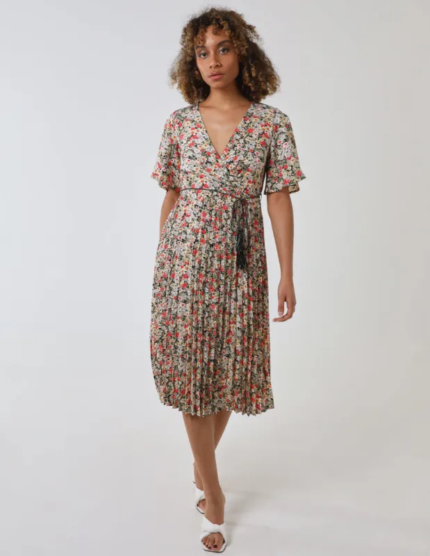 Wrap Front Pleated Hem Dress With Angel Sleeves sold by Blue Vanilla