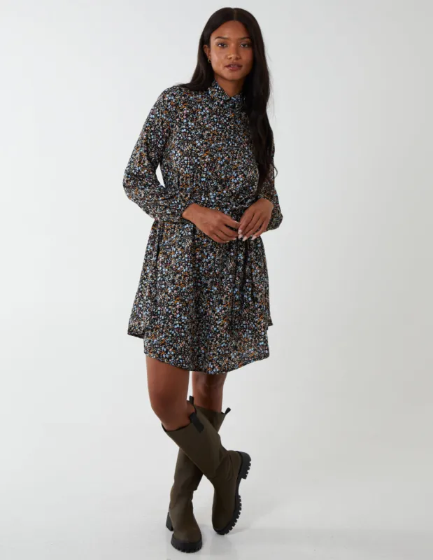Multi Floral Print Mini Shirt Dress sold by Blue Vanilla
